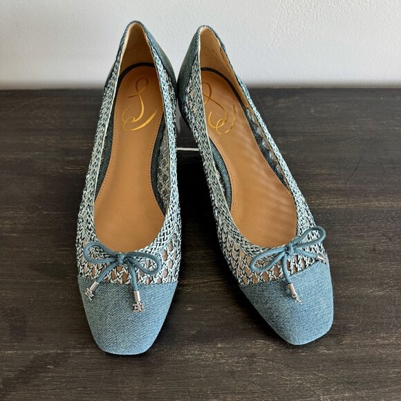 Sam Edelman May Square Toe Bow Accent Openwork Flats in Denim - Picture 1 of 9
